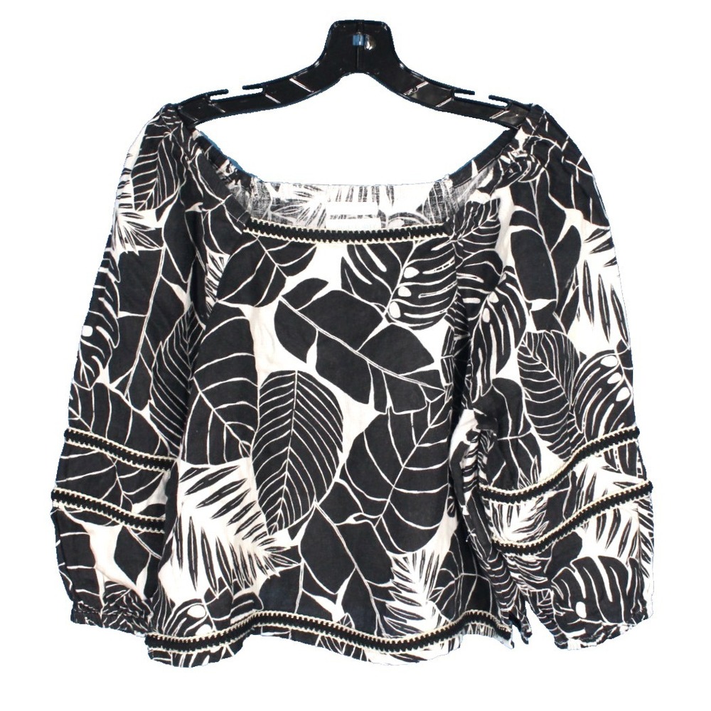 CYNTHIA ROWLEY Midweight LINEN Black TROPICAL Crochet Trim CROPPED BLOUSE/TOP S